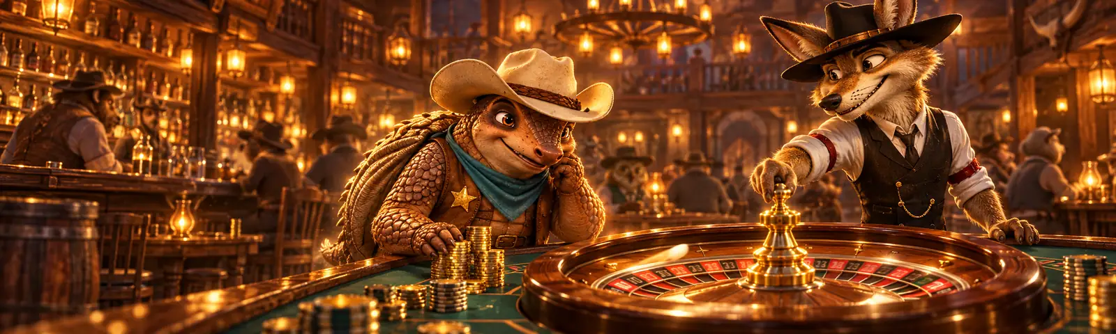 Coyote dealer spinning a roulette wheel for an armadillo player