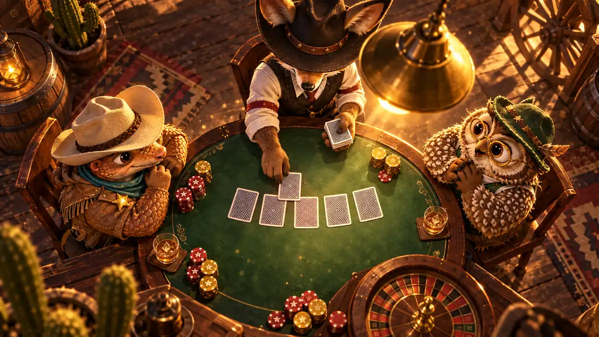 Top-down view of a green felt card table with a coyote dealer